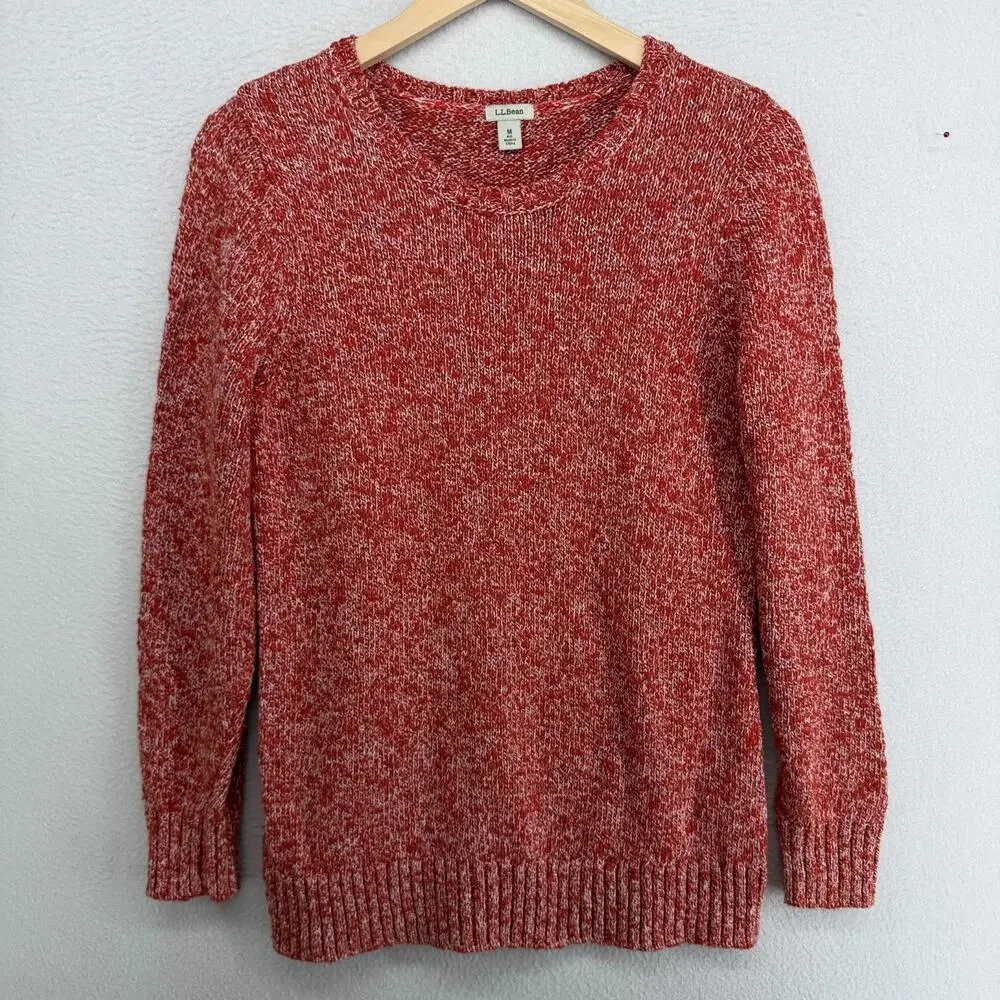 LL BEAN Sweater Womens M Cotton Ragg Pullover Crew Neck Jumper Marled Red